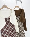  Set đầm dây caro + cardigan len 1442 