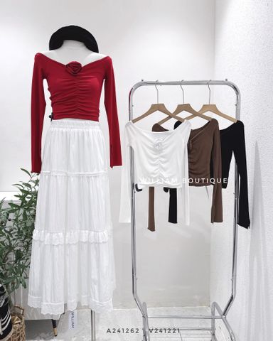  Áo trễ vai nhún đính bông tay dài 6676 