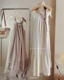  Đầm linen trơn cổ rút dây 4340 