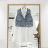  Đầm SM trắng + gile jean túi hộp 386 