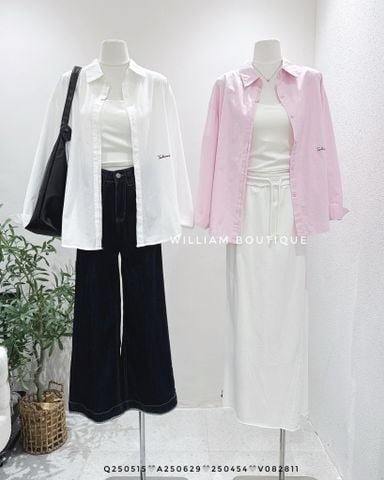  Áo sơ mi cotton trơn thêu chữ 6042 