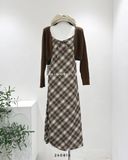  Set đầm dây caro + cardigan len 1442 