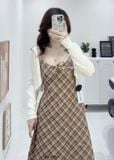  Set đầm dây caro + cardigan len 1442 