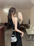  Đầm dây đen cổ yếm hở lưng 8889 