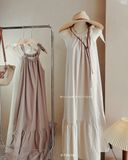  Đầm linen trơn cổ rút dây 4340 