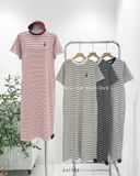  Đầm thun suông kẻ sọc thêu gấu 0424 