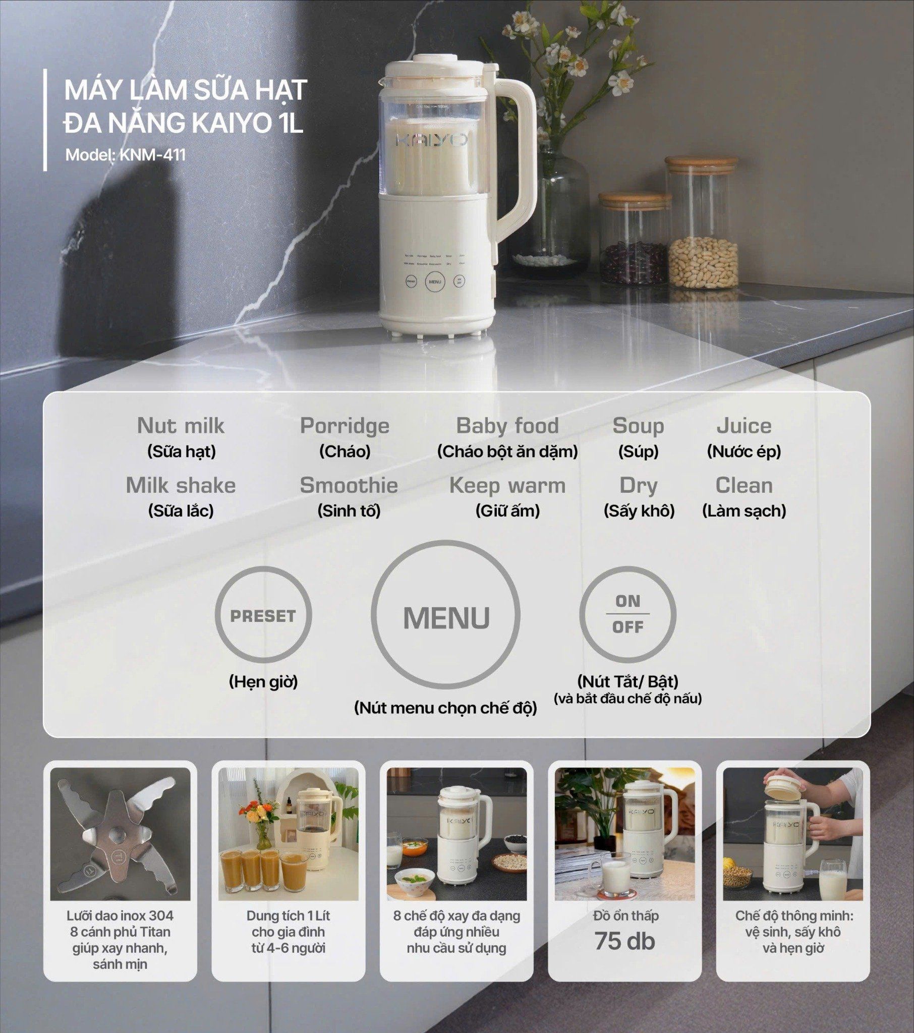  MÁY LÀM SỮA HẠT ĐA NĂNG KAIYO 1000ML (KNM-411) 