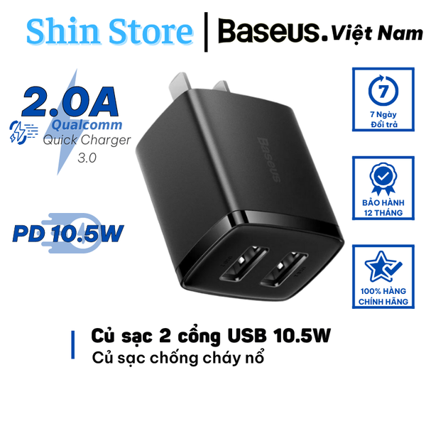 Củ sạc BASEUS compact charger 2 cổng USB. Hỗ trợ sạc nhanh 10.5W -SHINSTORE