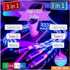 Cáp sạc LED 3 đầu 1m2 type-c micro dây LED cho iP/Xiaomi/Samsung/Huawei/Oppo/Vivo