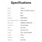  Cáp Chuyển Type-C to HDMI2.0 Female VENTION CREBC 4K@60Hz (4K@60Hz / 2K@120Hz, Cotton Braided, 0.25M) 