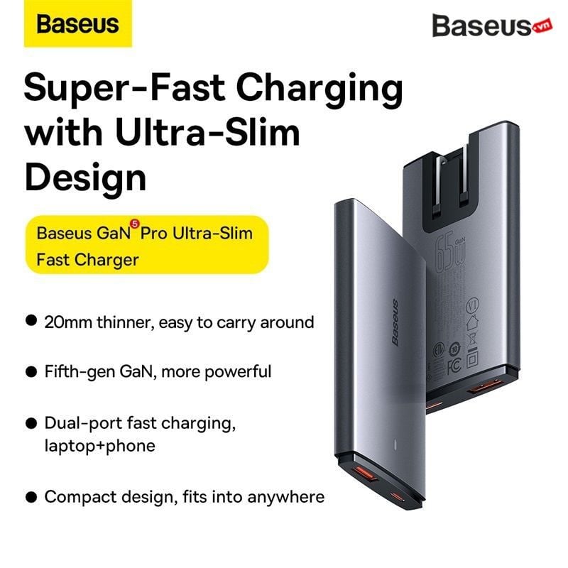 Baseus 65W GaN5 Pro Charger Quick Charge 4.0 3.0 Type C PD USB Charger CN  EU UK Plug Portable Travel Charger Fast Charging For Laptop iP 14 13 12  Tablet Huawei Wall Charger