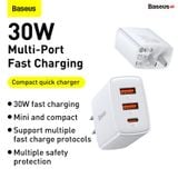  Cốc sạc nhanh siêu nhỏ gọn Baseus Compact Quick Charger 30W (USB dual port +Type C, 30W PD/QC3.0 Multi Quick Charge Support) 