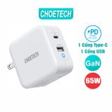  Sạc nhanh 2 cổng Choetech PD8002 GaN Charger PD65W ( USB + Type C, PD/QC Quick Charger ) 