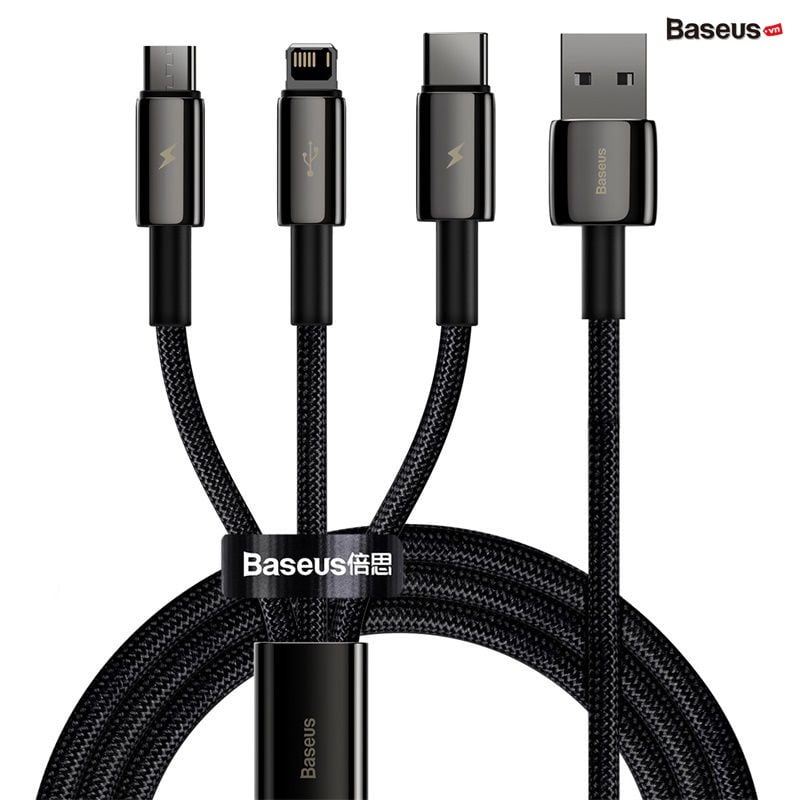 Cáp sạc đa năng Baseus Tungsten Gold One-for-three Fast Charging Data Cable USB to M+L+C 3.5A 1.5m Black