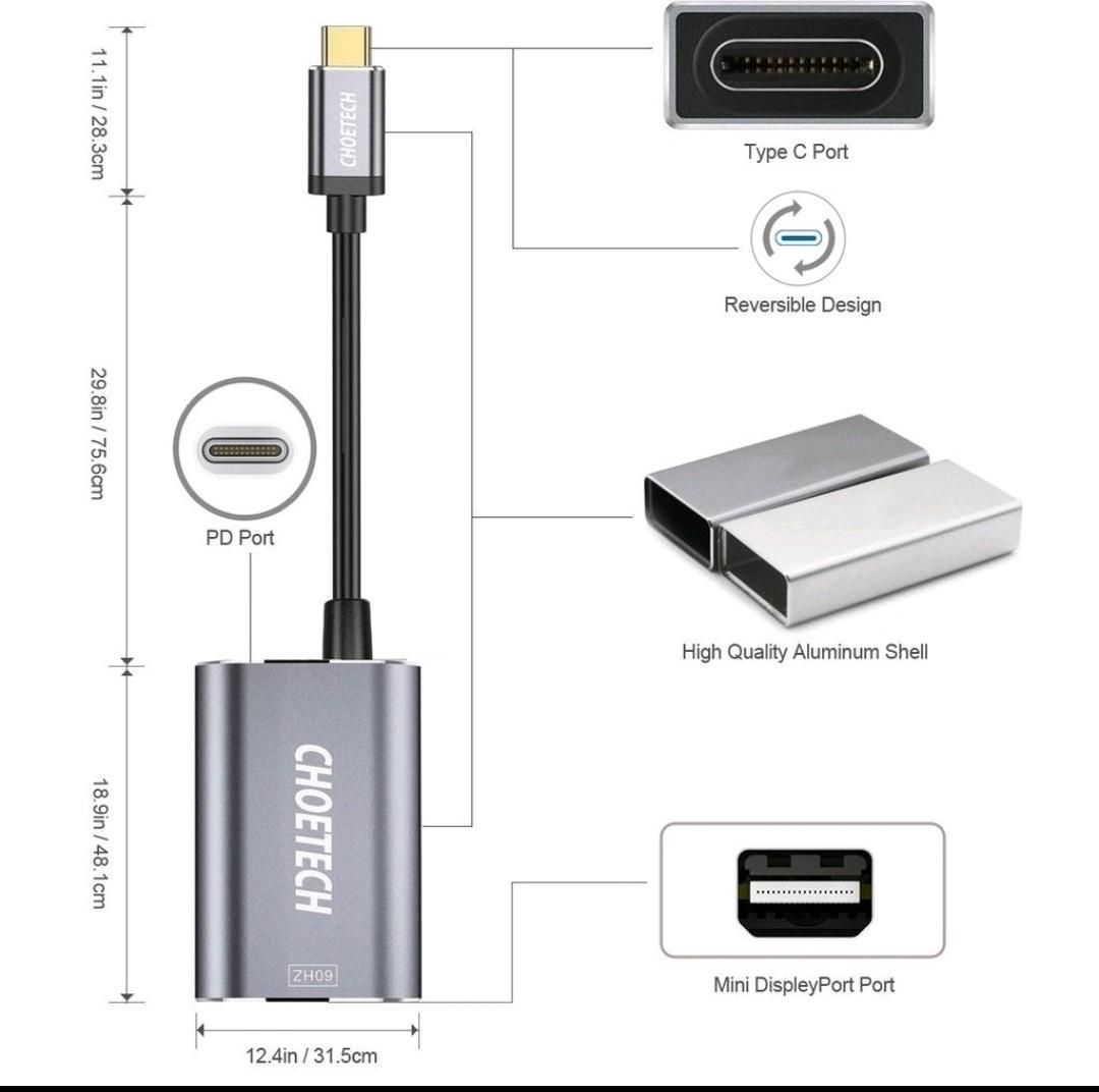  Bộ chuyển đổi Type C sang Mini DP Choetech M06 4k@60Hz Adapter (HUB-M6, USB-C to Mini Display Port  Type C PD Charging) 