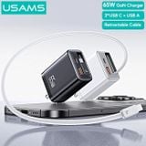  Củ Sạc Nhanh 2C+1A GaN USAMS CC300 65W (With Type-C Rectangle Built-in cable) 