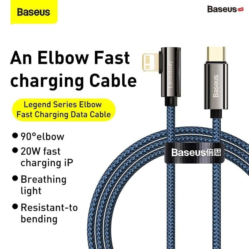  Cáp sạc nhanh Type C to Lightning đầu gập 90 độ Baseus Legend Series Elbow (20W/18W Power Delivery Fast charge, LED  Elbow Design) 