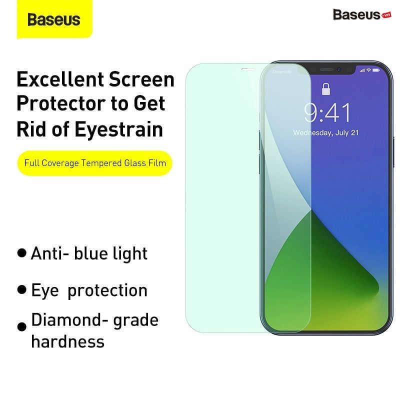  Kính cường lực chống ánh sáng xanh Baseus 0.3mm Eye Protection Full Coverage Tempered Glass Film 2020 dùng cho iPhone 12 Series  (2 miếng/hộp, 0.3mm, Chống ánh sáng xanh, bảo vệ mắt) 