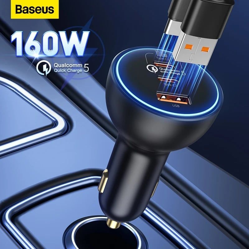 Tẩu Sạc Nhanh Công Suất Cao Baseus Multi Port Car Fast Charger 160W (USB + Dual Type C Port, Tặng Kèm Cáp C to C 100W, Quick Charge™ 5.0) 