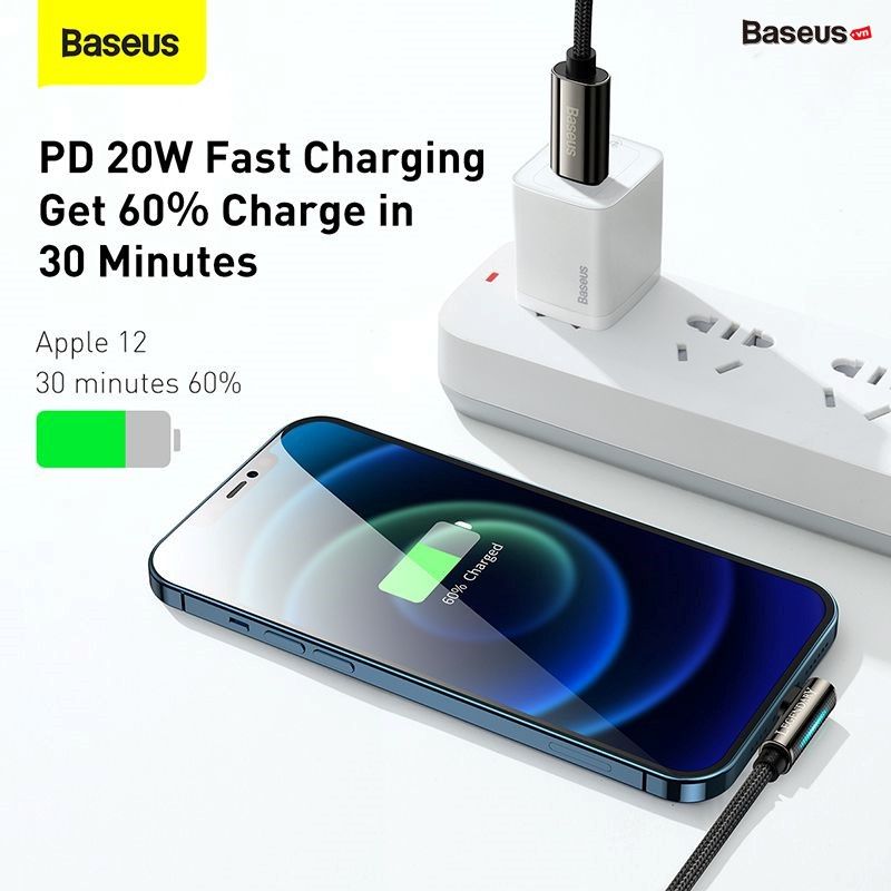 Cáp sạc nhanh Type C to Lightning đầu gập 90 độ Baseus Legend Series Elbow (20W/18W Power Delivery Fast charge, LED  Elbow Design) 