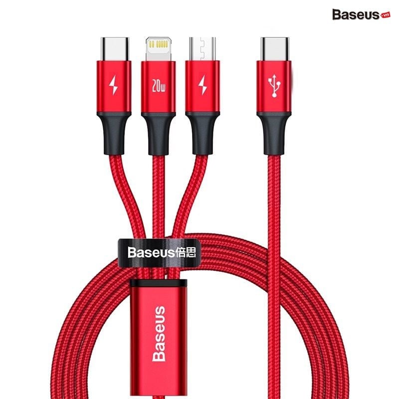 Baseus Rapid Series 3-in-1 Fast Charging Data Cable Type-C to M+L+C PD 20W - RED Baseus Rapid Series 3-in-1 Fast Charging Data Cable Type-C to M+L+C PD 20W - RED