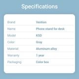  Đế giữ điện thoại/Tablet bằng kim loại xoay 360 độ VENTION KSD (with 360° Rotatable Base, Aluminium Alloy) 