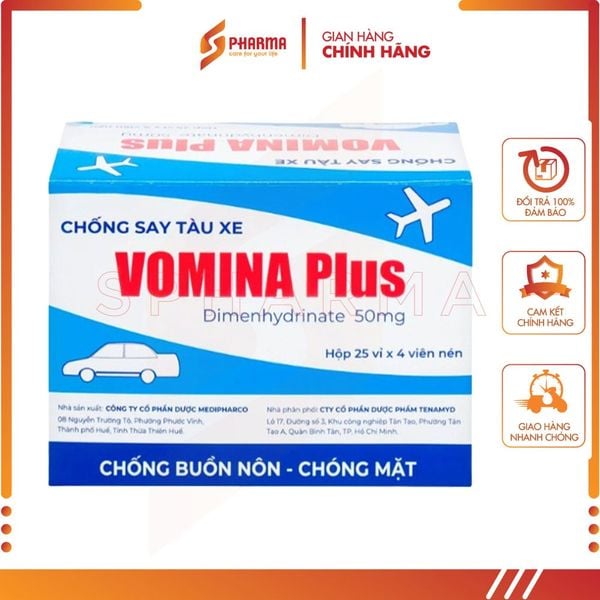  Vomina Plus 50mg – Phòng và hỗ trợ buồn nôn, chóng mặt khi say tàu xe – Medipharco [Việt Nam] – 1 vỉ x 4 viên 