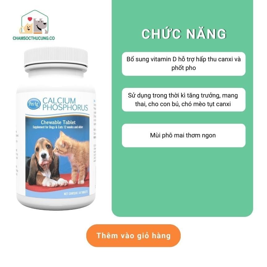  [Hàng Mỹ] Viên Canxi Phosphorus Cho Chó Mèo - PetAg - Hộp 50 viên 