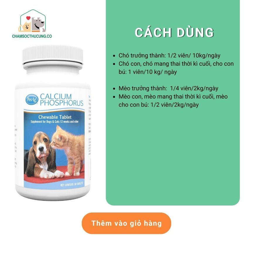  [Hàng Mỹ] Viên Canxi Phosphorus Cho Chó Mèo - PetAg - Hộp 50 viên 