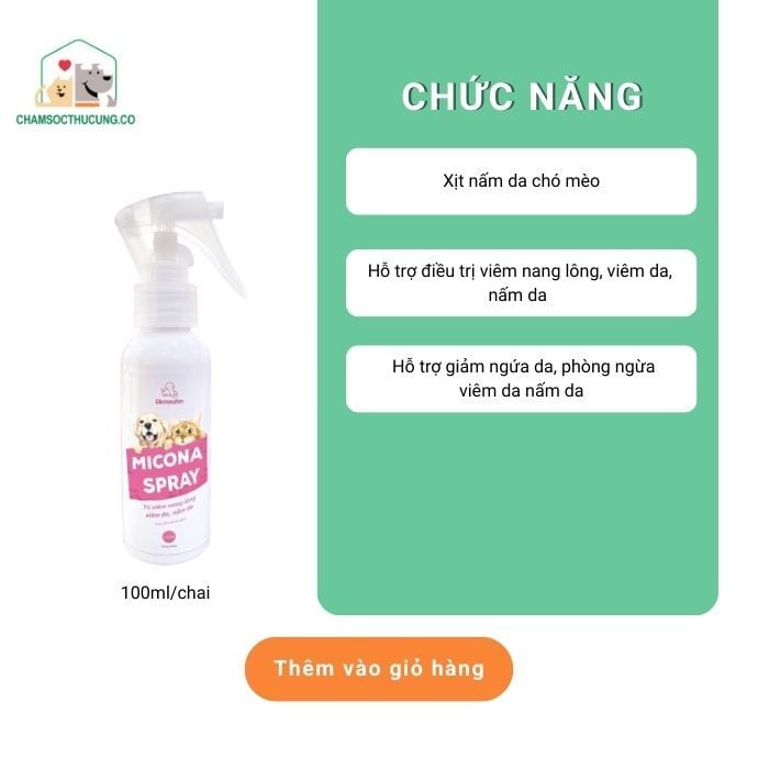  Xịt Nấm Da Chó Mèo Micona Spray Giảm Viêm Da, Nấm Da 100ml 