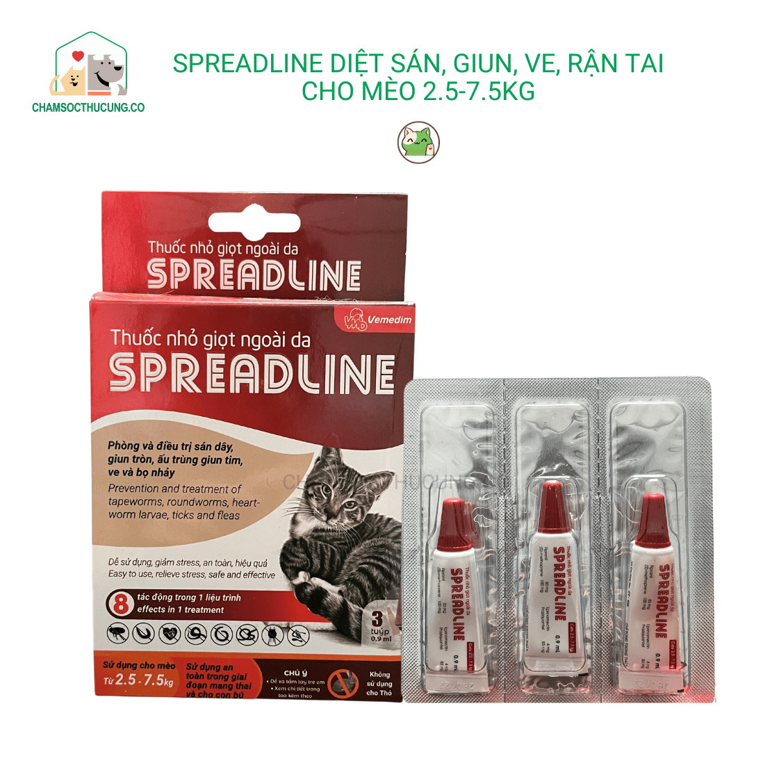  Vemedim Spreadline- Nhỏ Gáy Mèo Diệt Ve, Bọ Chét, Giun Sán, Rận Tai- 2.5kg-7.5kg 