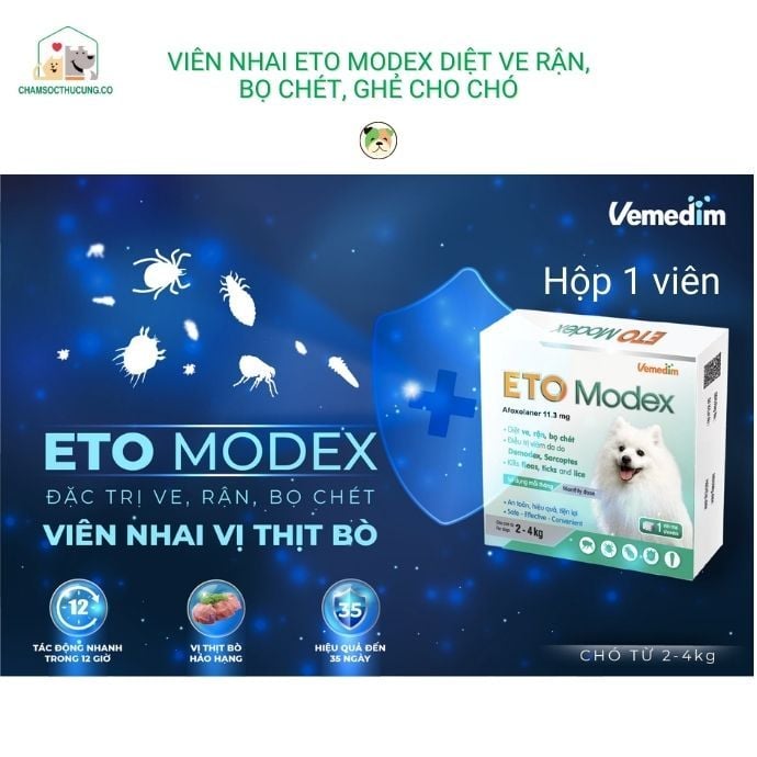  Viên Nhai ETO Modex Diệt Ve Rận, Bọ Chét, Ghẻ Cho Chó- Vemedim- Hộp 1 Viên 