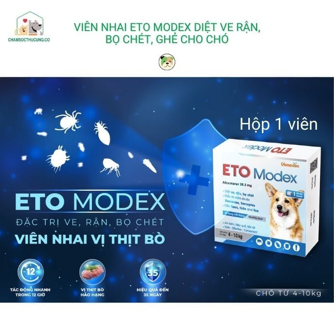  Viên Nhai ETO Modex Diệt Ve Rận, Bọ Chét, Ghẻ Cho Chó- Vemedim- Hộp 1 Viên 