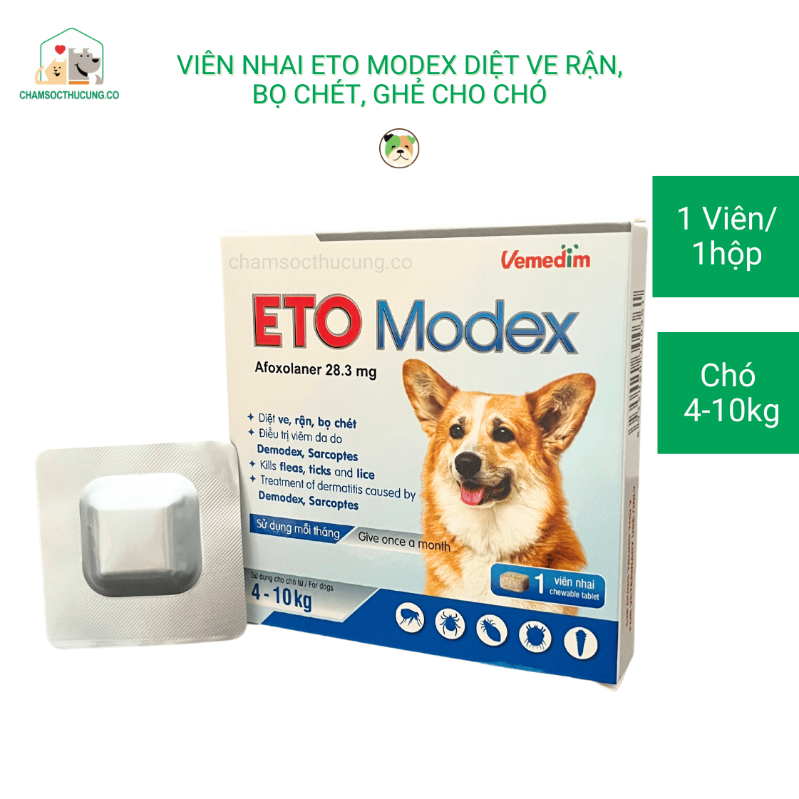  Viên Nhai ETO Modex Diệt Ve Rận, Bọ Chét, Ghẻ Cho Chó- Vemedim- Hộp 1 Viên 