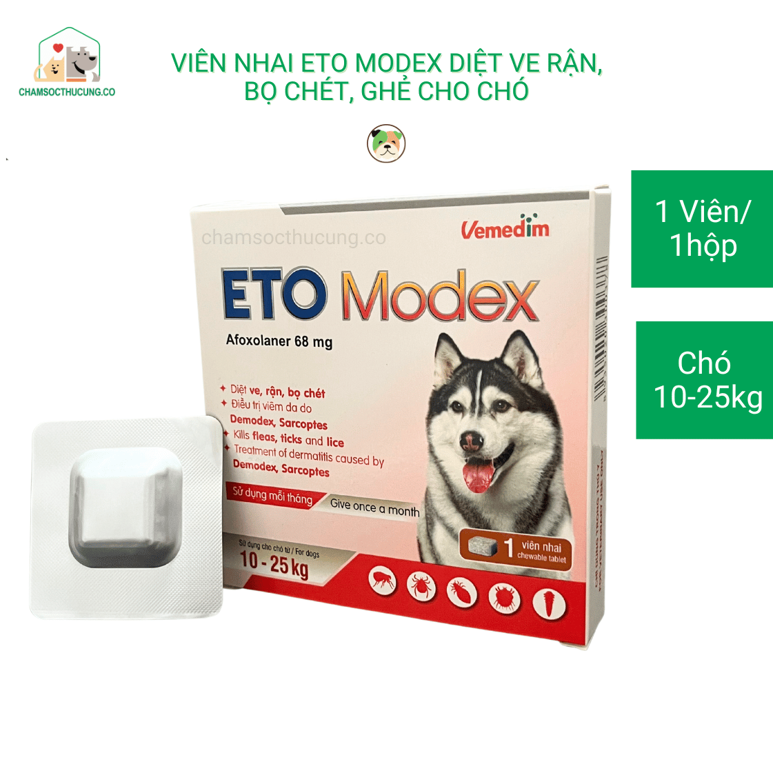  Viên Nhai ETO Modex Diệt Ve Rận, Bọ Chét, Ghẻ Cho Chó- Vemedim- Hộp 1 Viên 