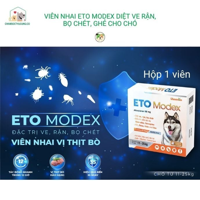  Viên Nhai ETO Modex Diệt Ve Rận, Bọ Chét, Ghẻ Cho Chó- Vemedim- Hộp 1 Viên 