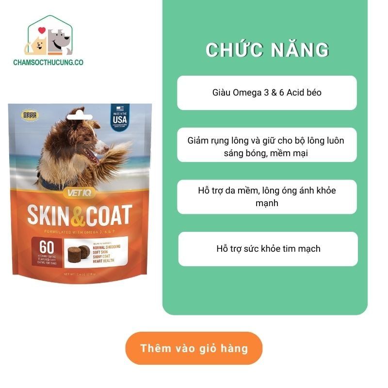  [Hàng Mỹ] Viên Dưỡng Lông Cho Chó- Giảm Rụng Lông- Vị Thịt Xông Khói- VetIQ 