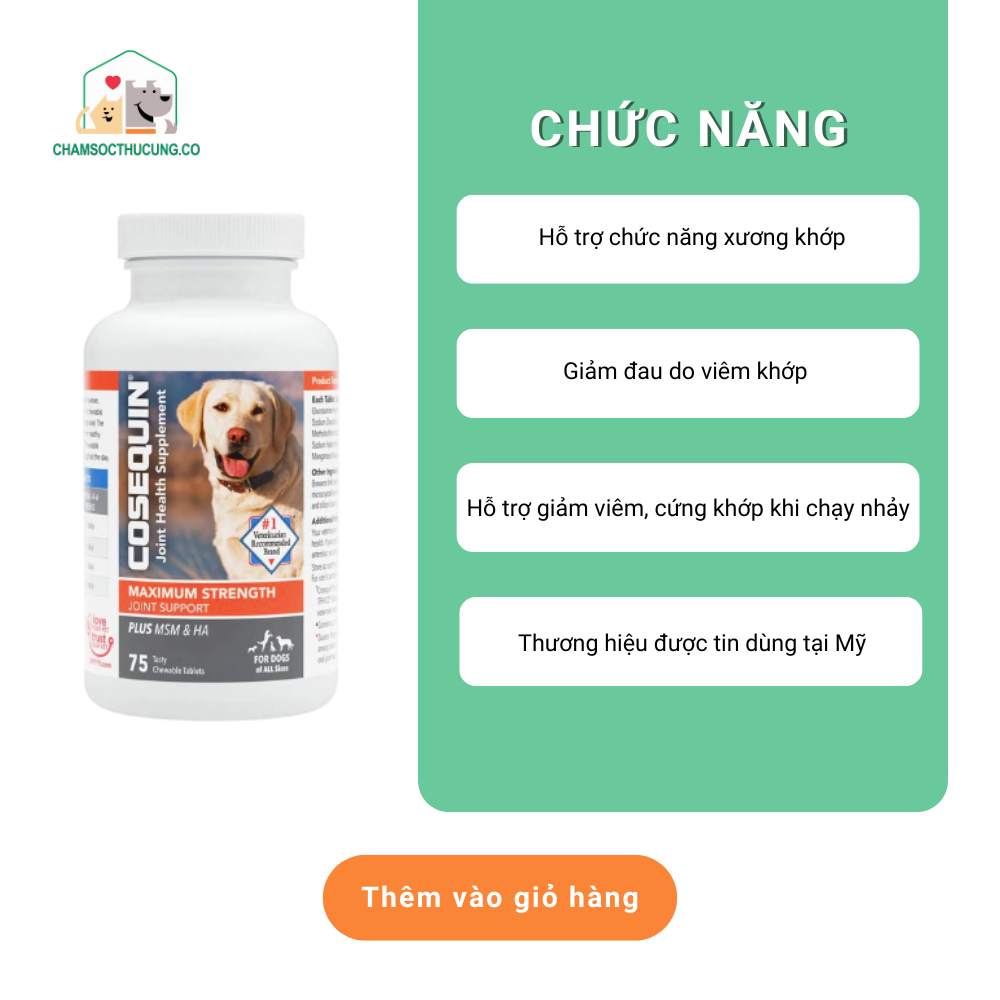  [Hàng Mỹ] Viên Hỗ Trợ Xương Khớp, Hông với MSM + HA Cho Mọi Lứa Tuổi Chó- Cosequin 