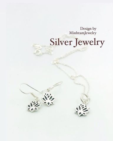 Lotus necklace | Silver Jewelry | bộ hoa sen bạc trắng đen | D 