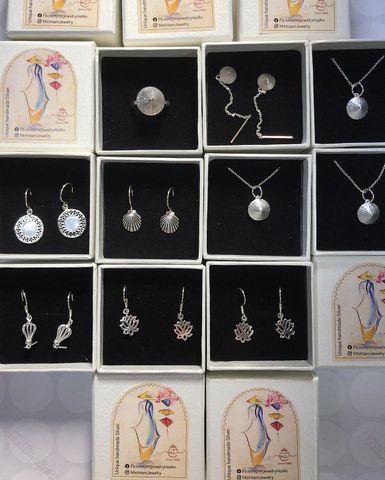  Lotus necklace | Silver Jewelry | bộ hoa sen bạc trắng đen | D 