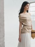  Beige Off-shoulder Draped Top 