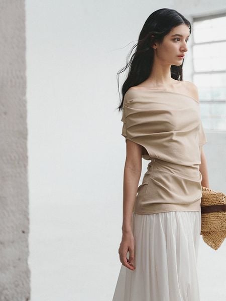  Beige Off-shoulder Draped Top 