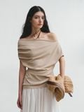  Beige Off-shoulder Draped Top 