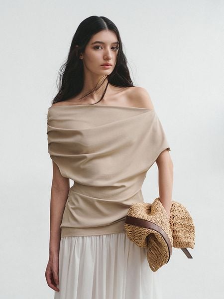  Beige Off-shoulder Draped Top 