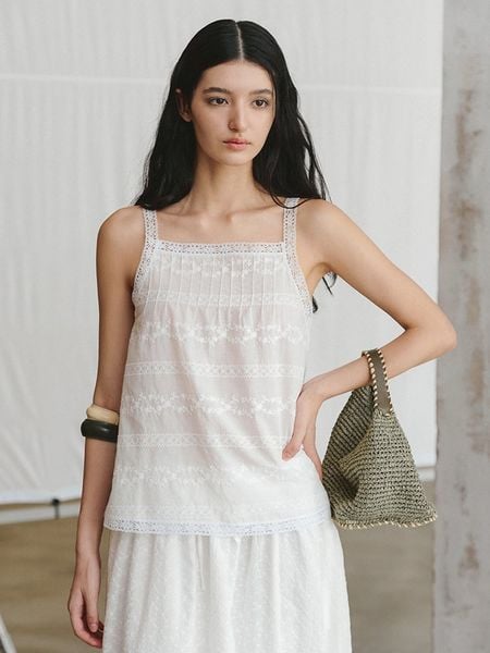  White Embroidered Strap Top 