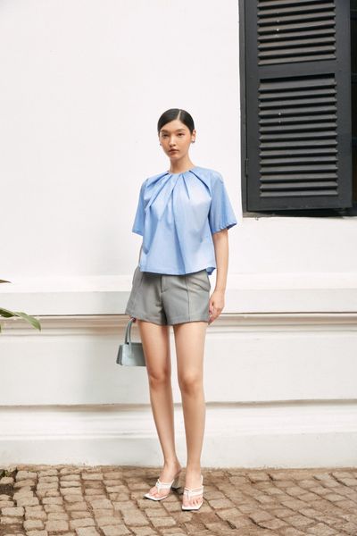  Blue Pleated Neckline Top 