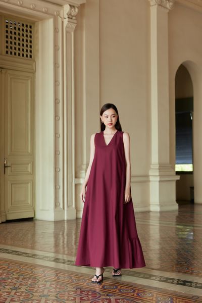  Bordeaux V-neck Flared Dress 