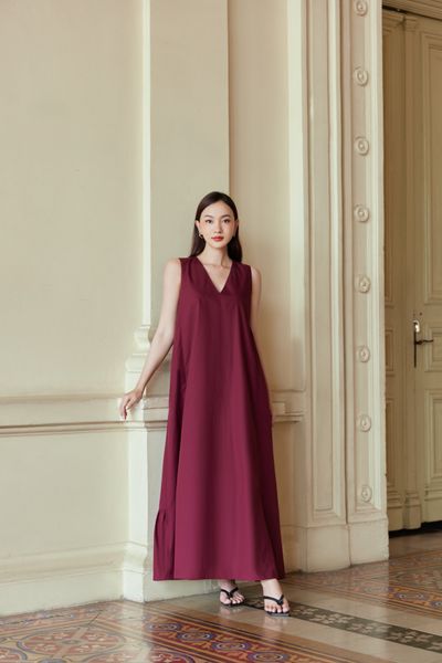  Bordeaux V-neck Flared Dress 