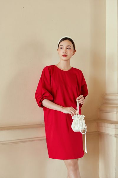  Red Puff Sleeve Shift Dress 