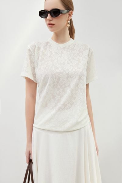  White Floral Round Neck Top 